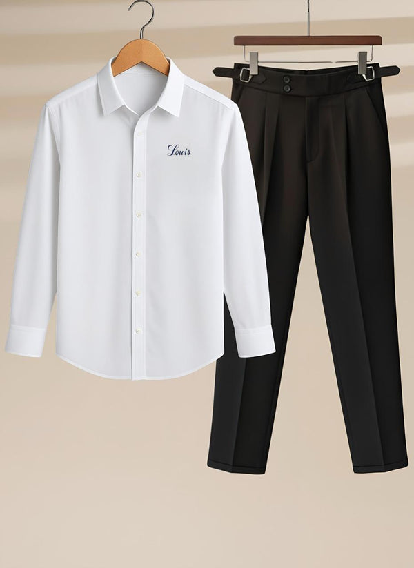 White shirt with 'Louis' embroidery and black pants