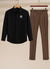 Black shirt with logo and brown pants