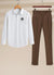 White shirt with a logo and brown pants