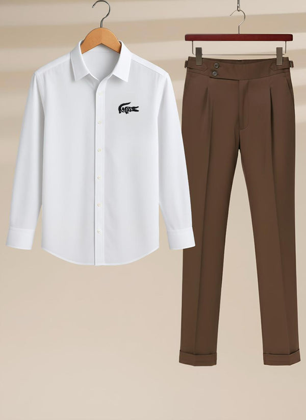 White shirt with a brand logo and brown pants