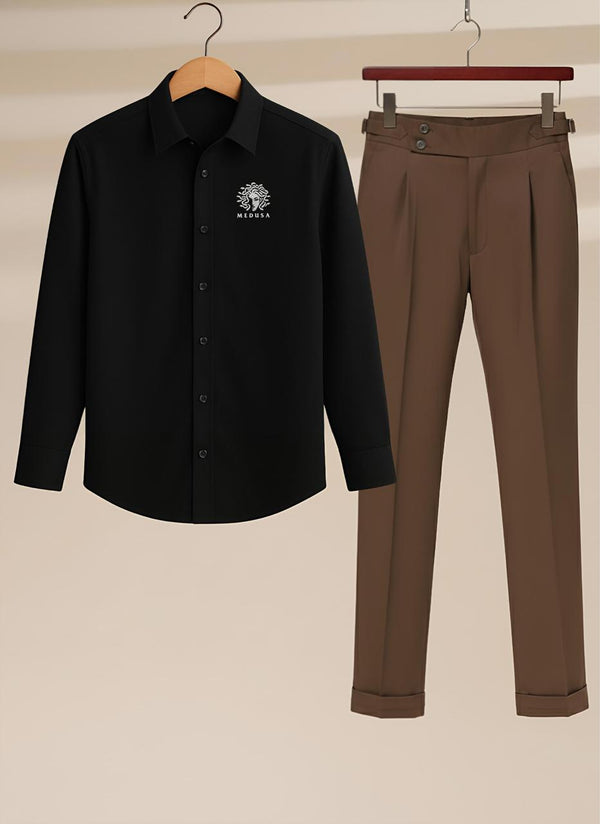 Black shirt with logo and brown pants
