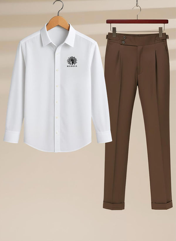 White shirt with a logo and brown pants